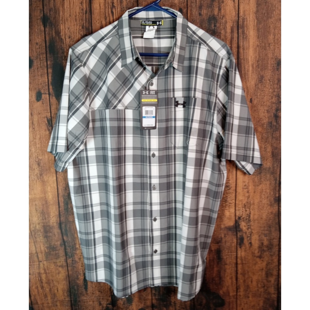 Under Armour Mens XL Grey Plaid AllSeasonGear SS Button Up Shirt 1235293-084